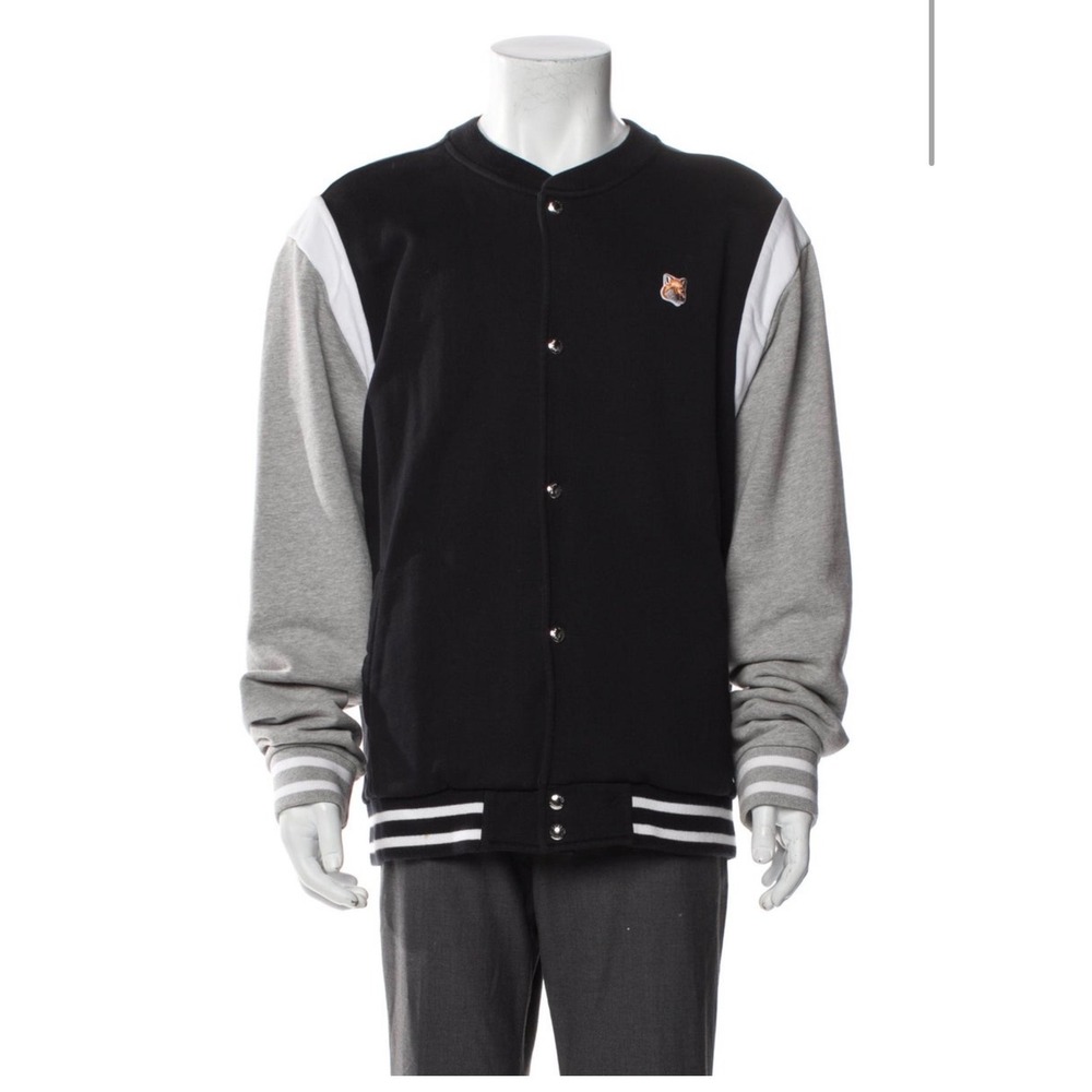 Maison Kitsune Mens Varsity Jacket Black Grey Cotton Fox Head Patch Size XL